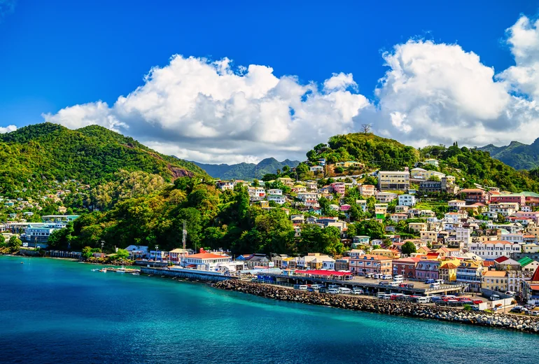 Tropical beach in Grenada with palm trees