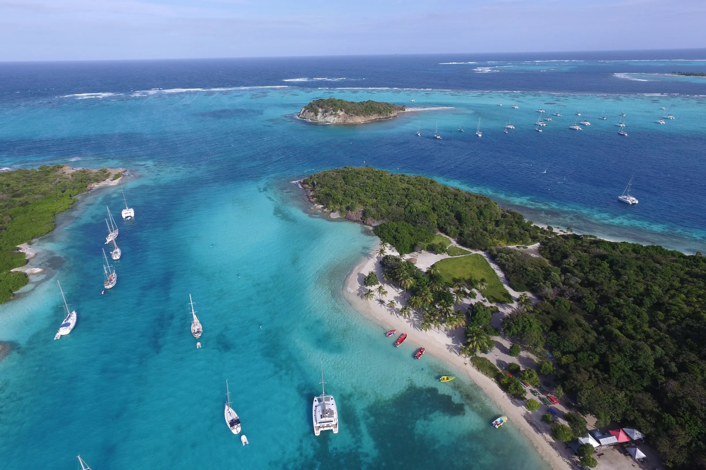 Aerial of Tobago Cays anchorage with yachts, reefs and palm beach, Grenadines