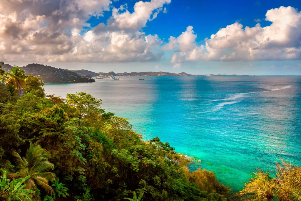 Lush green hillside overlooking turquoise sea and distant coastal town