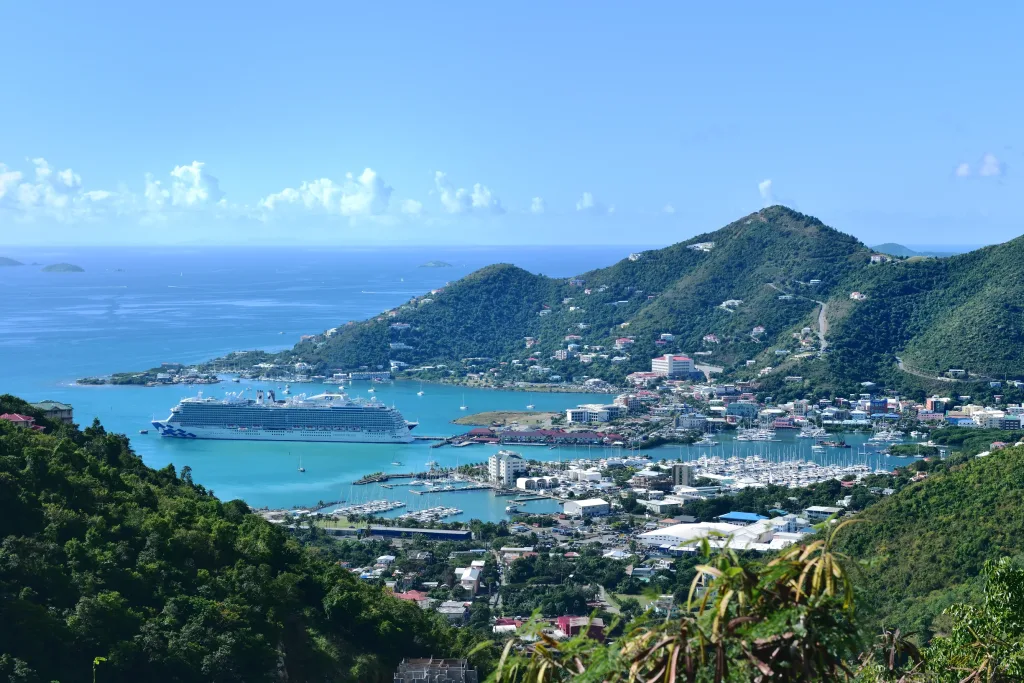 Hillside view of Road Town harbor, Tortola, cruise ship and marina