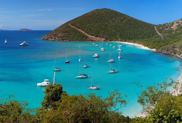 Panorama of White Bay anchorage with yachts, Jost Van Dyke, British Virgin Islands