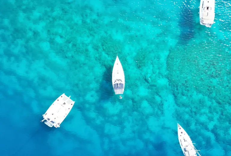 Top-down view of a catamaran and sailboats anchored over reef shallows